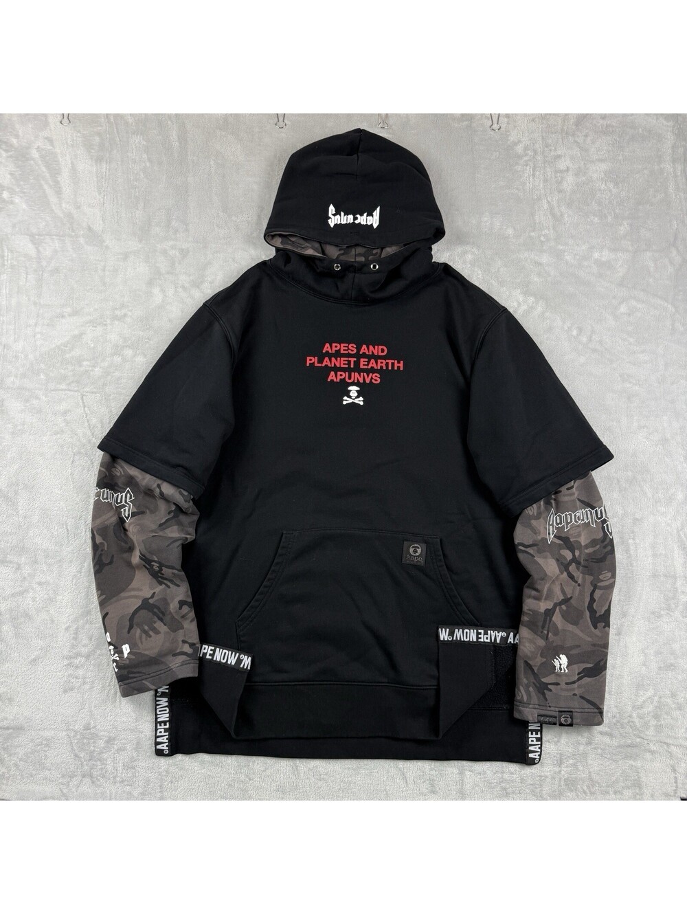 AAPE By A Bathing Ape Layered Hoodie Black Camo Graphic Streetwear Men XL Fleece